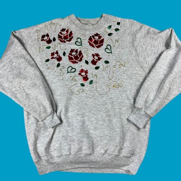 Jerzees Vintage Metallic Rose Puff PaintSweatshirt Lovecore - Picture 1 of 3
